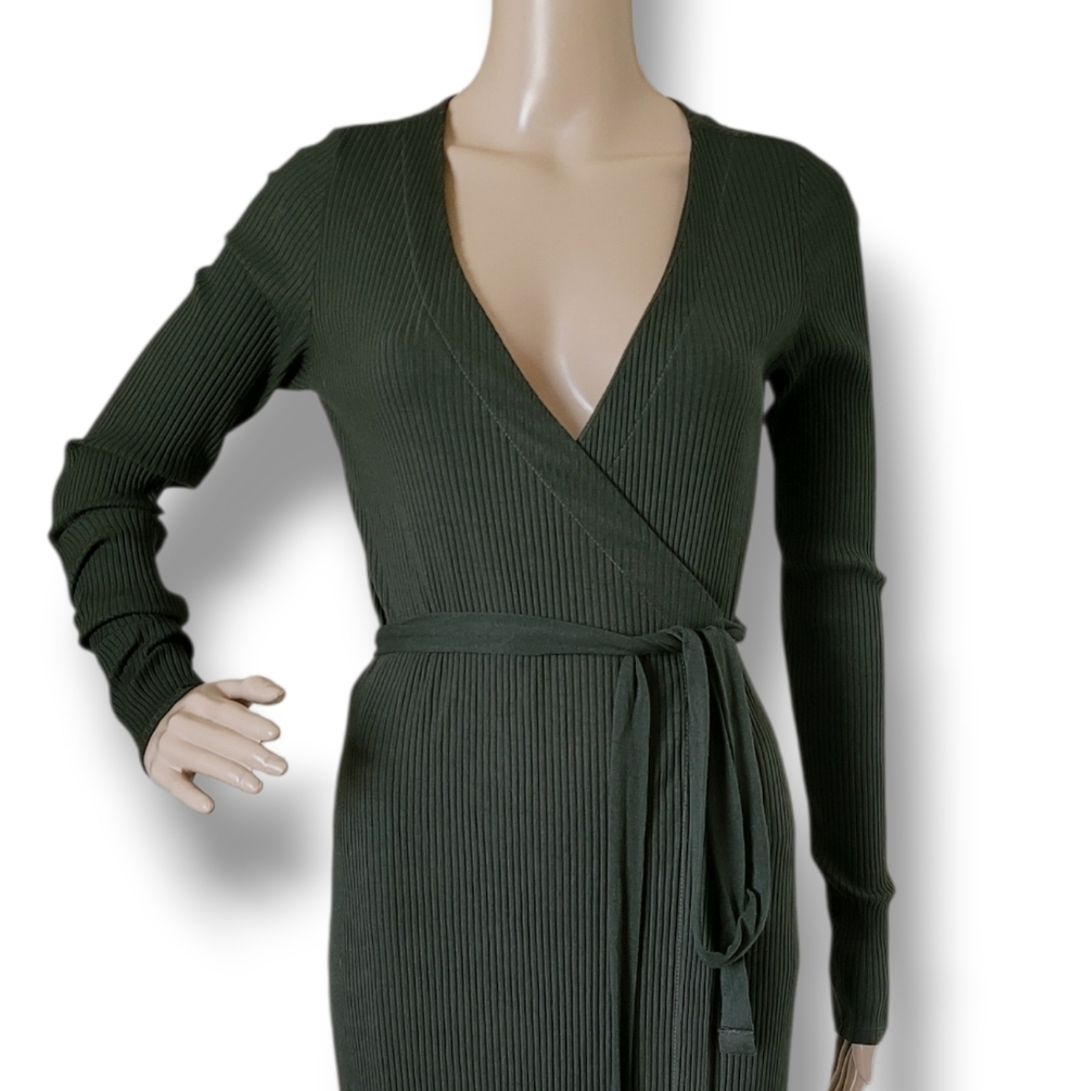 Enza Costa Ribbed Knit Wrap Midi Dress Hunter Green S Dark Olive Long Sleeve